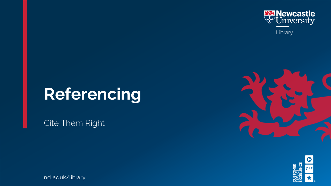 Video title, 'Referencing: Cite Them Right' on a blue background with a red lion.